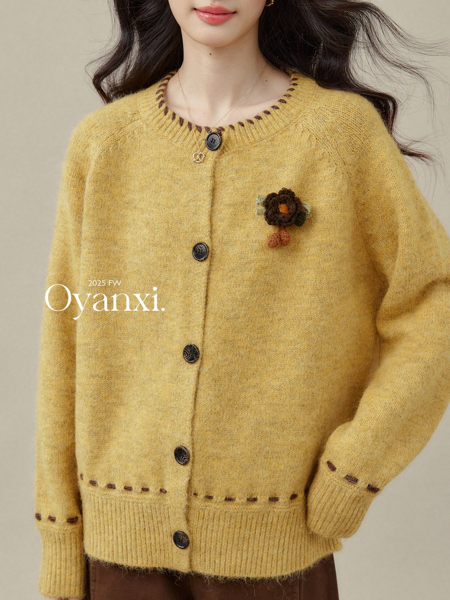 OYANXI クルーネック ゆったり ニットカーディガン