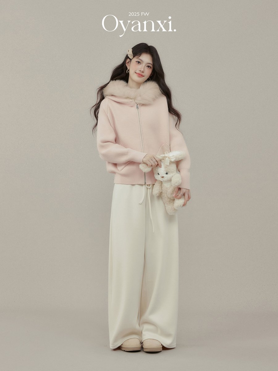 OYANXI ファーフード付き ニットカーディガン
