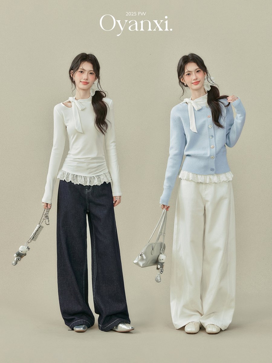 OYANXI リボン レース 長袖Tシャツ ホワイト