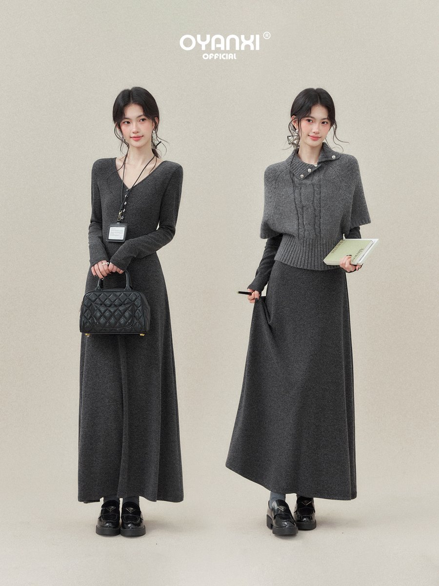 OYANXI Vネック スリム ロング ニットワンピース
