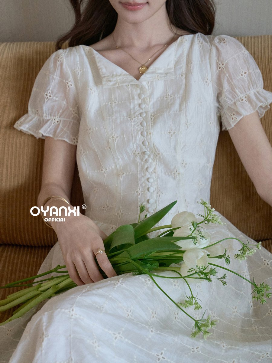 OYANXI 刺繍 Vネック パフスリーブ ワンピース