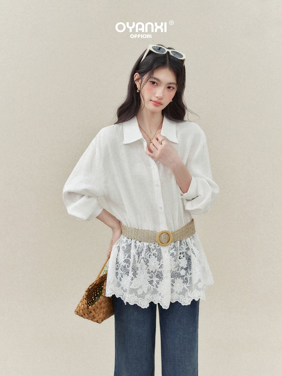 OYANXI ベルト付き アシンメトリーレースヘム シャツ
