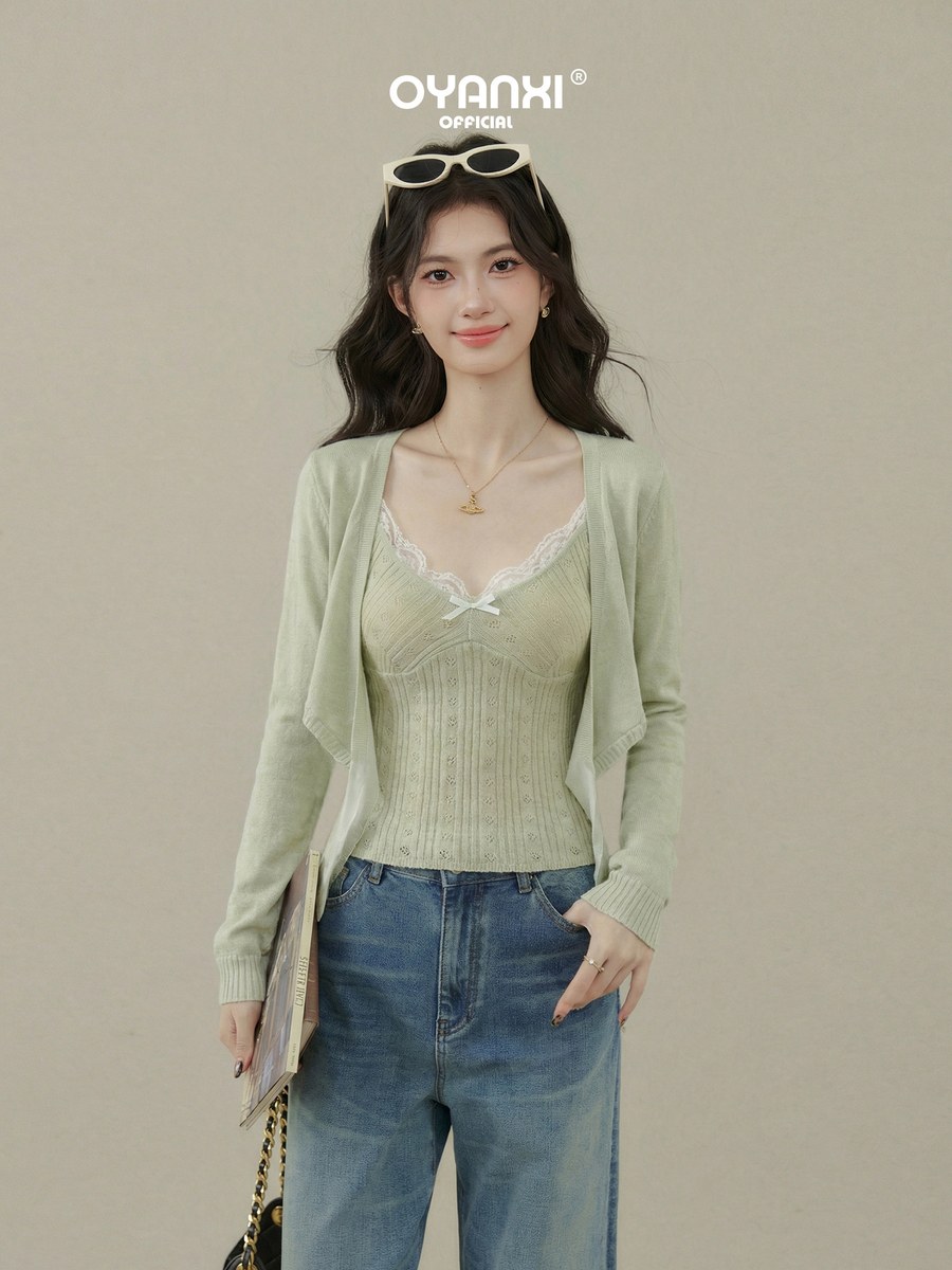 OYANXI リボン Vネック ニットカーディガン＆キャミソール 2点セット