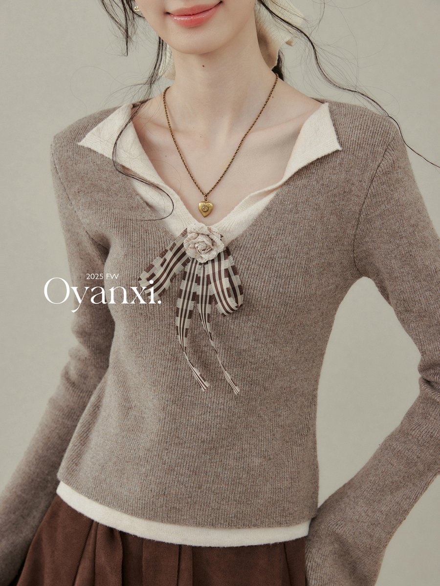 OYANXI バイカラー フェイクレイヤード ニットトップス