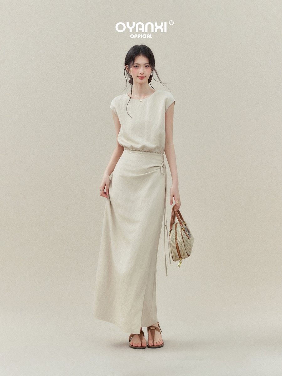 OYANXI シンプル クルーネック ウエストシェイプ ワンピース