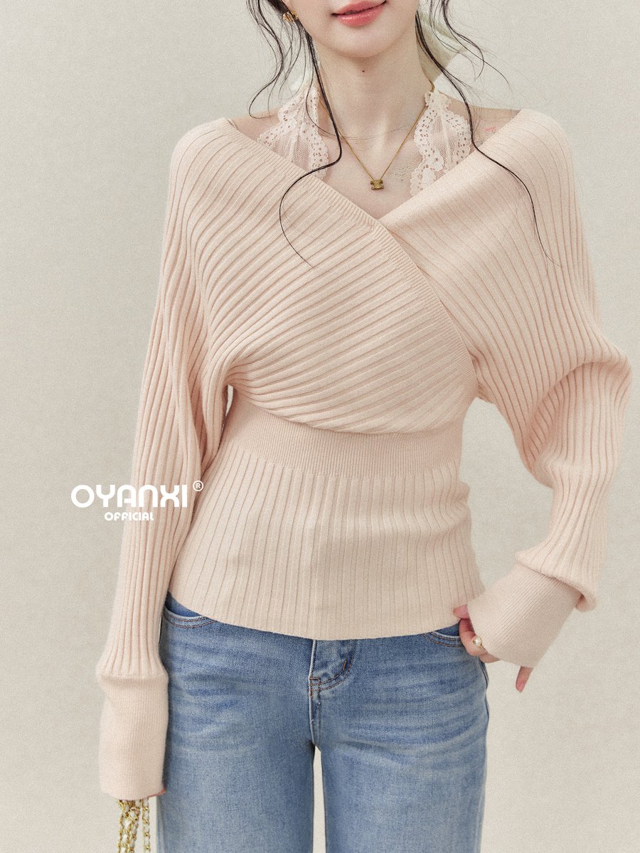 OYANXI レースホルター レイヤード Vネック ニット 2点セット