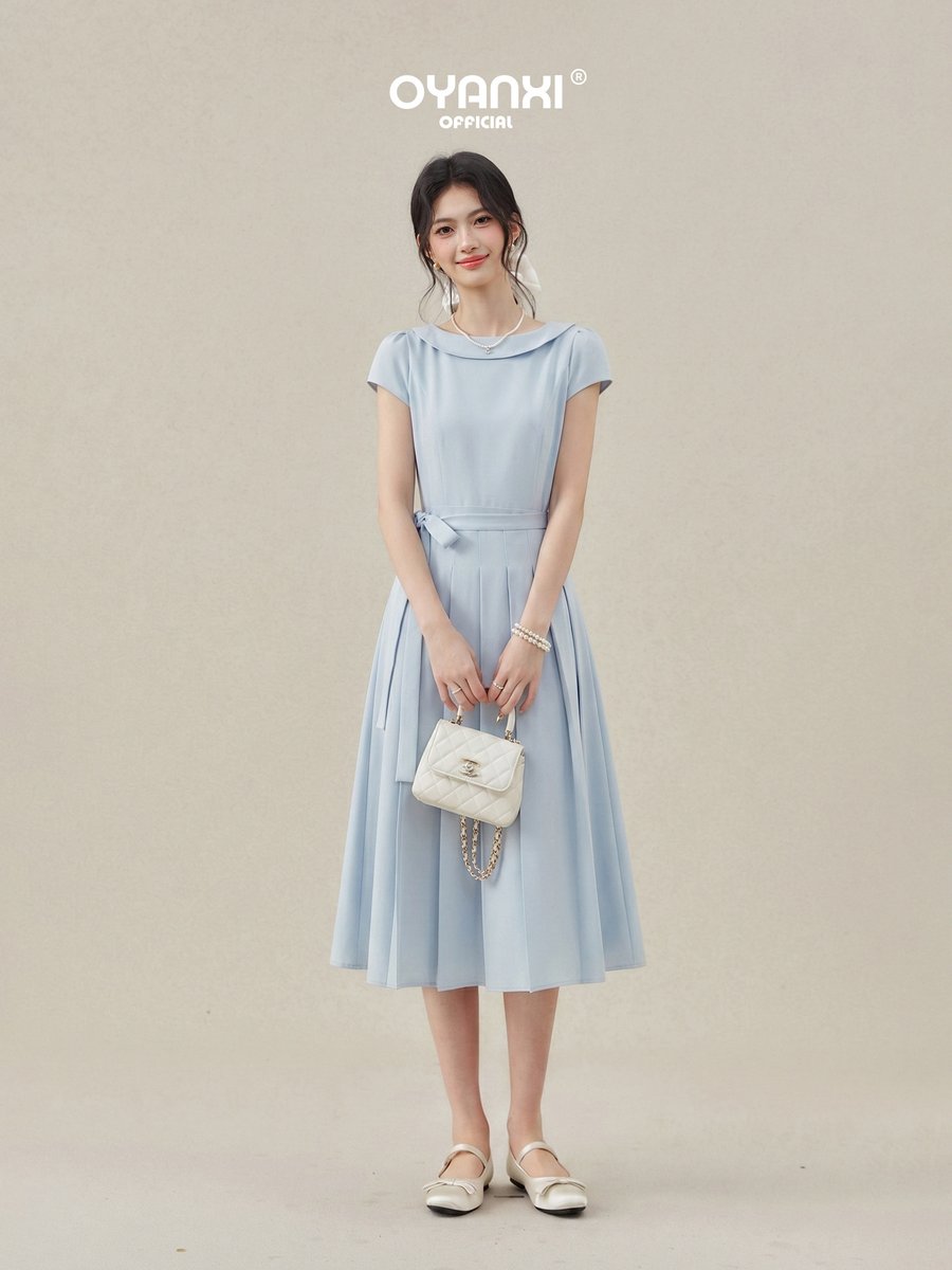 OYANXI フレンチスリーブ クルーネック Aライン ロングワンピース
