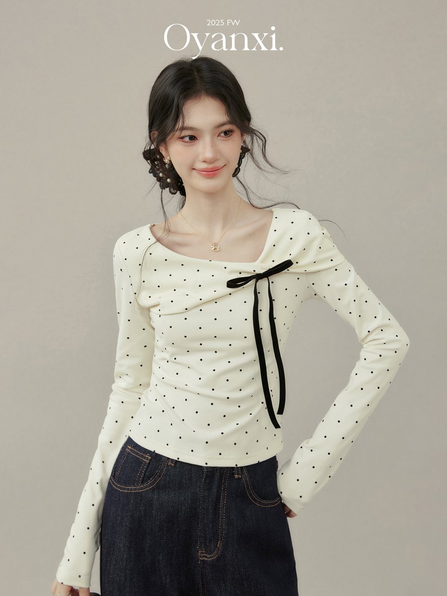 OYANXI ドット柄 リボン付き 長袖Tシャツ