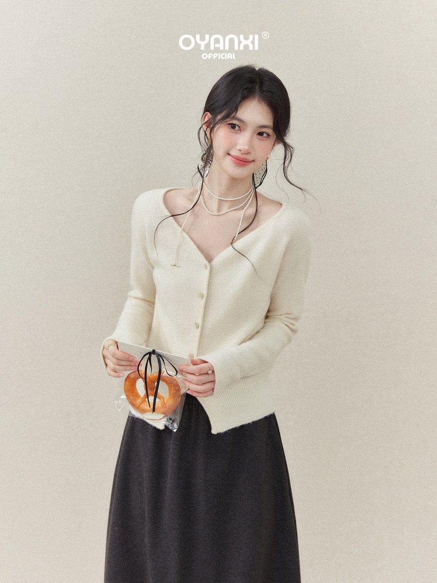 OYANXI Vネック スリット裾 ゆったり ニットカーディガン
