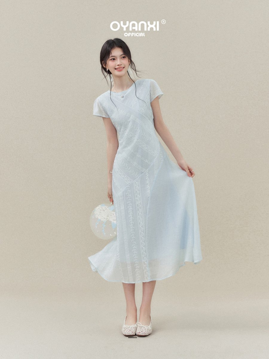 OYANXI レーストリム フリルスリーブ ウエストシェイプ ワンピース