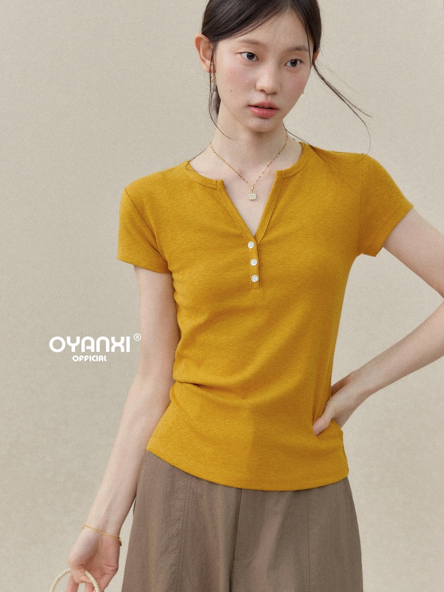 OYANXI Vネック ボタンデザイン 半袖Tシャツ