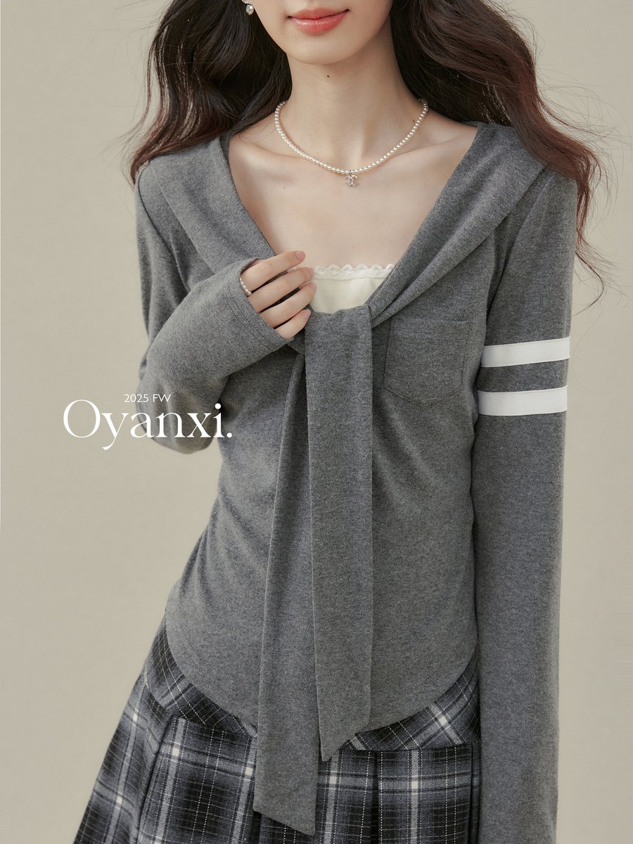 OYANXI ショール付き リボン ニット長袖Tシャツ