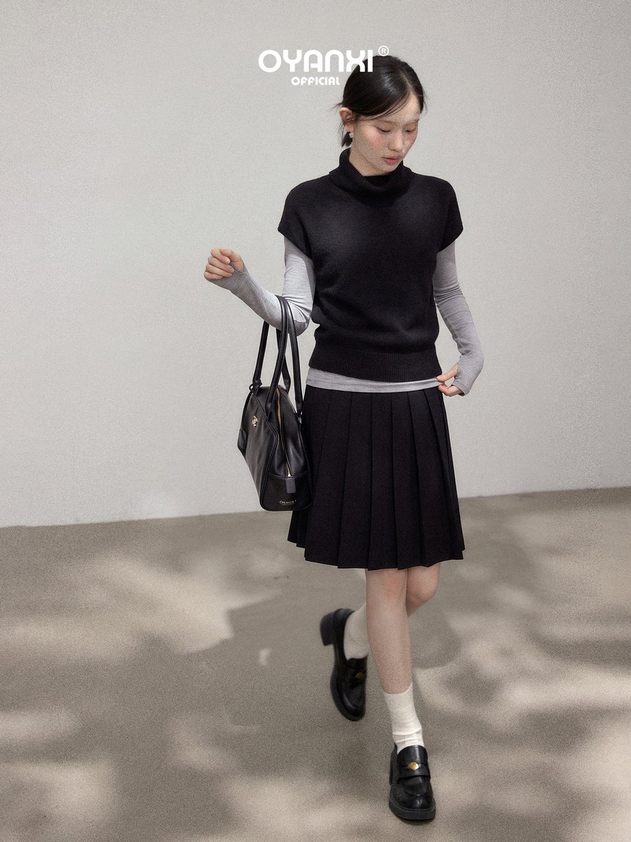 OYANXI ハイネック ニットベスト×長袖インナー レイヤード 2点セット