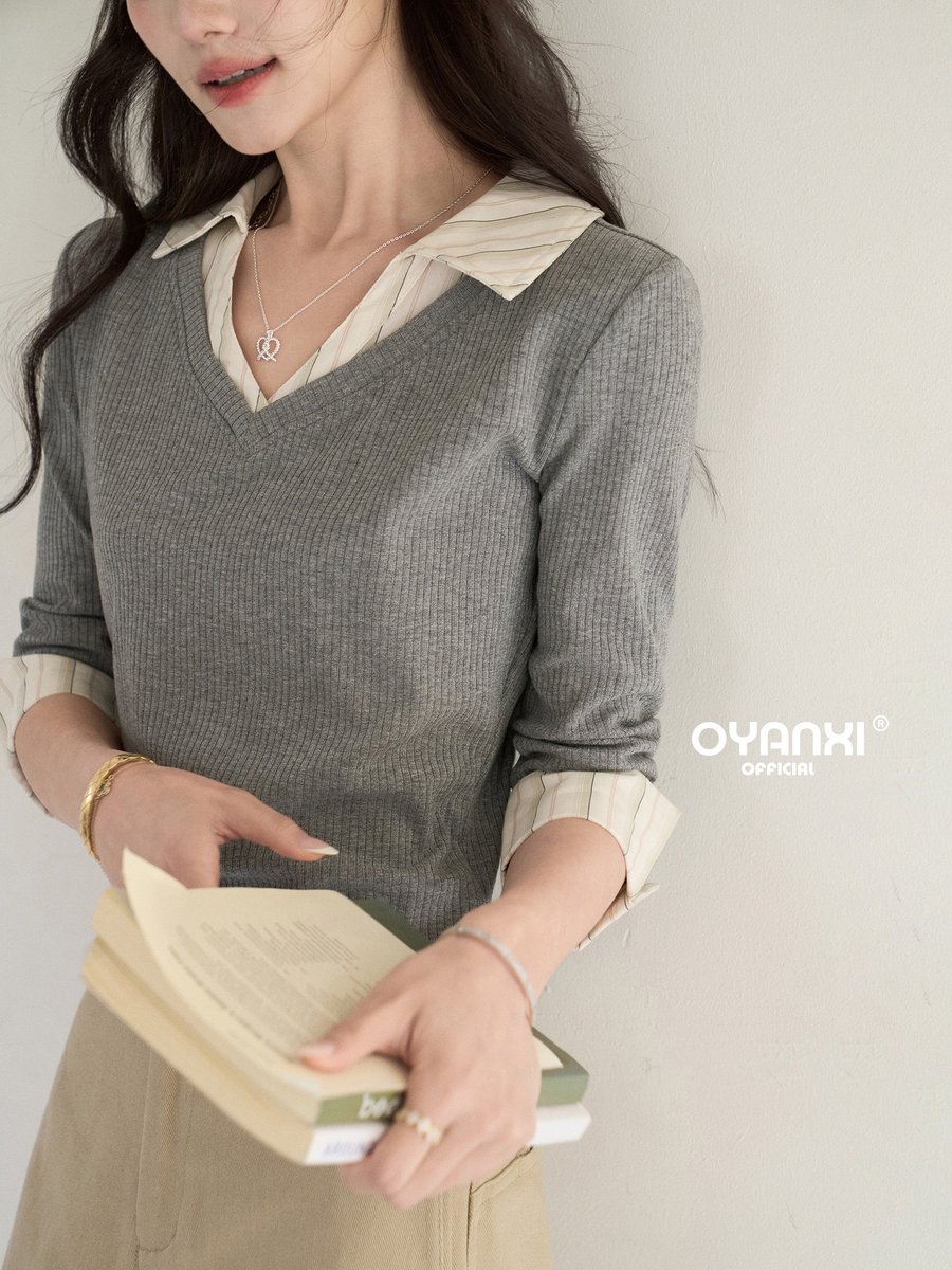 OYANXI 襟付き フェイクレイヤード 七分袖Tシャツ