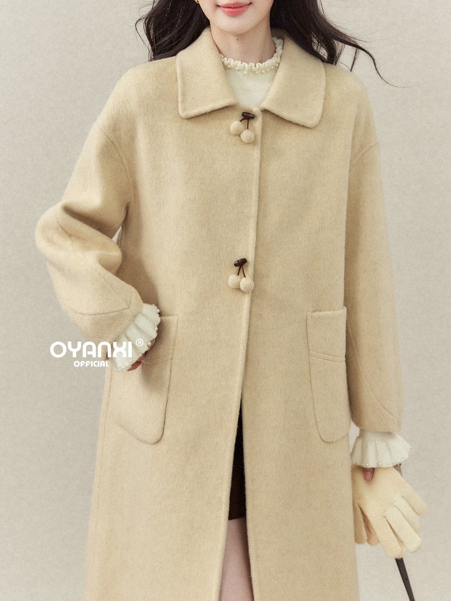 OYANXI ポンポンボタン 襟付き ロングコート