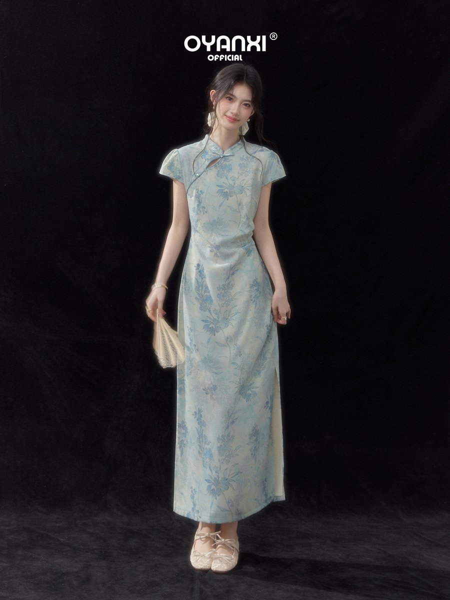 OYANXI 水墨花柄 チャイナドレス風 半袖ワンピース