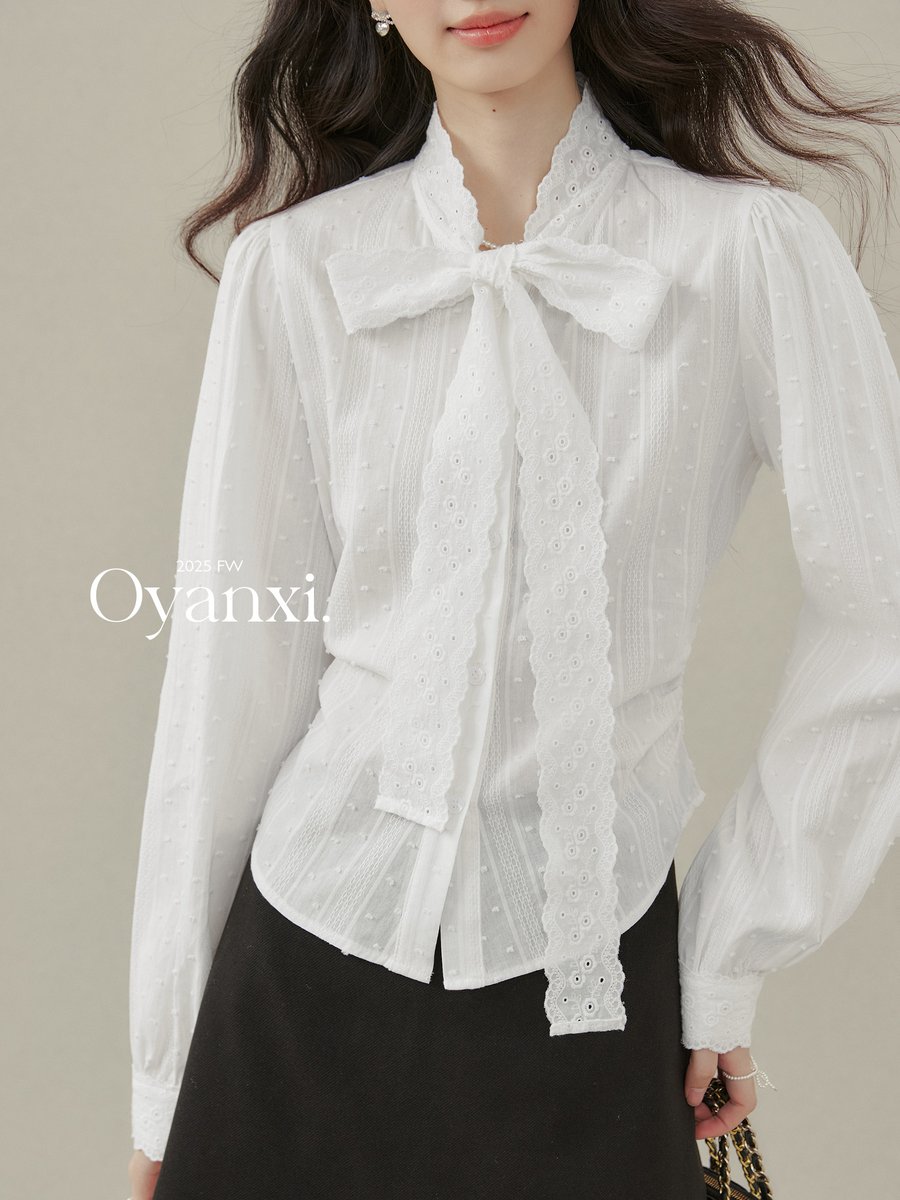 OYANXI リボン ゆったり 長袖シャツ ホワイト