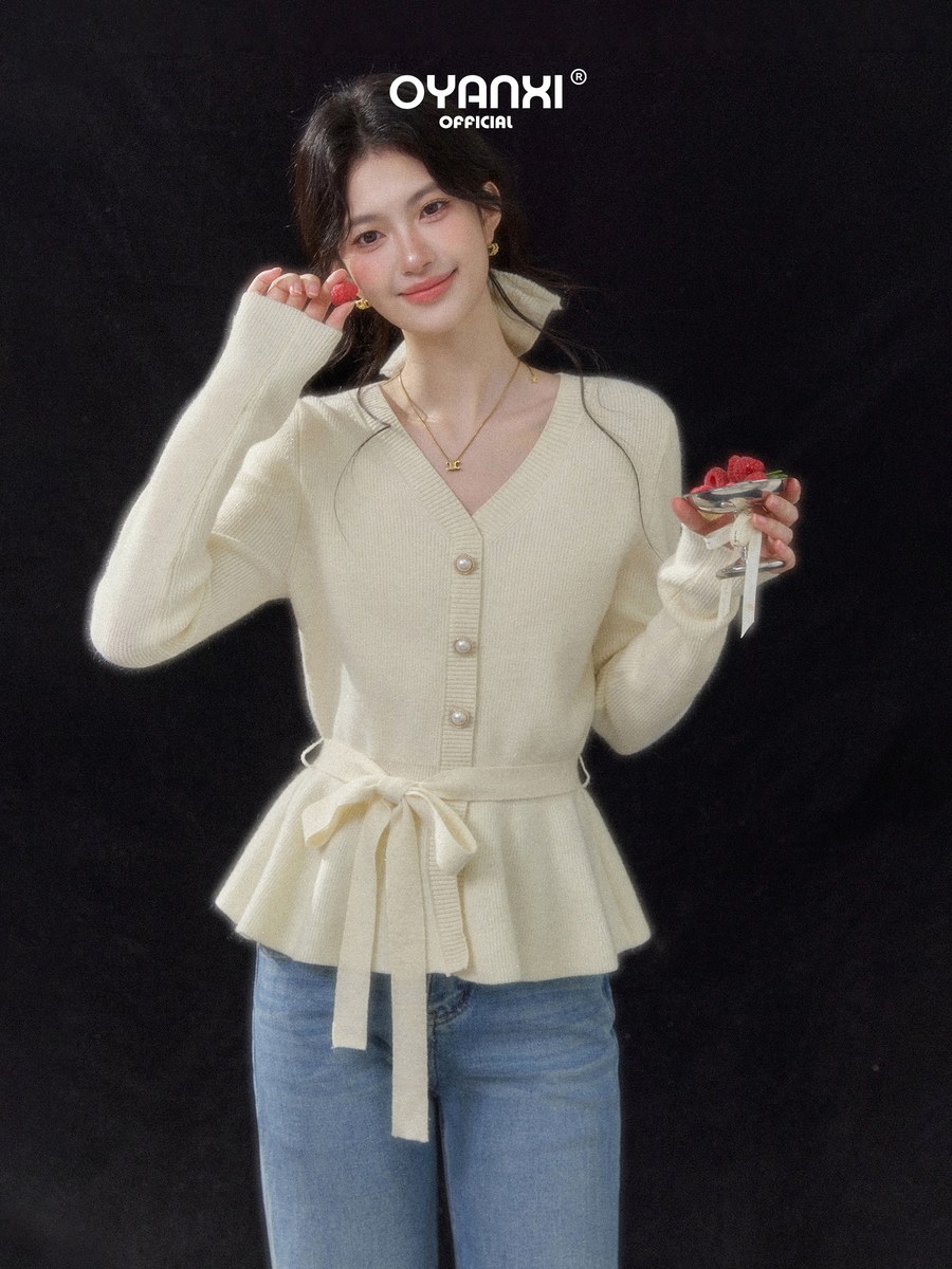 OYANXI Vネック パールボタン フリル裾 ウエストベルト ニット
