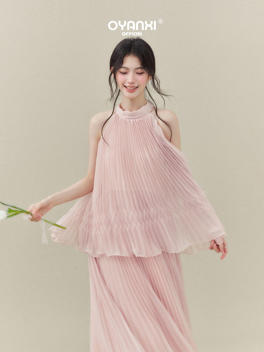 OYANXI ホルターネック オフショルダー プリーツワンピース
