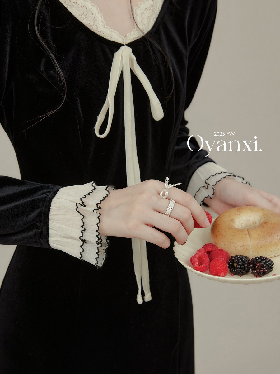 OYANXI レース切り替え 長袖ロングワンピース