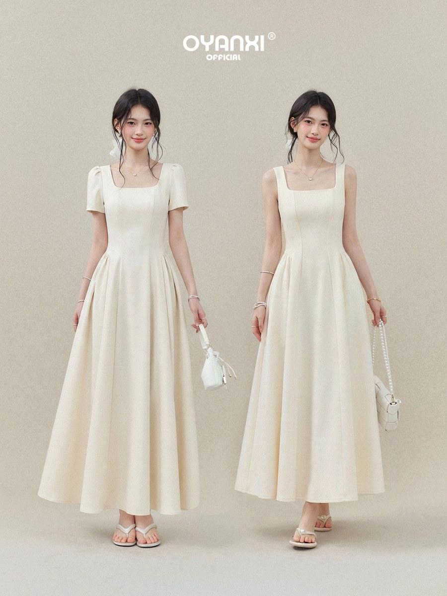 OYANXI スクエアネック ウエストシェイプ ロングワンピース