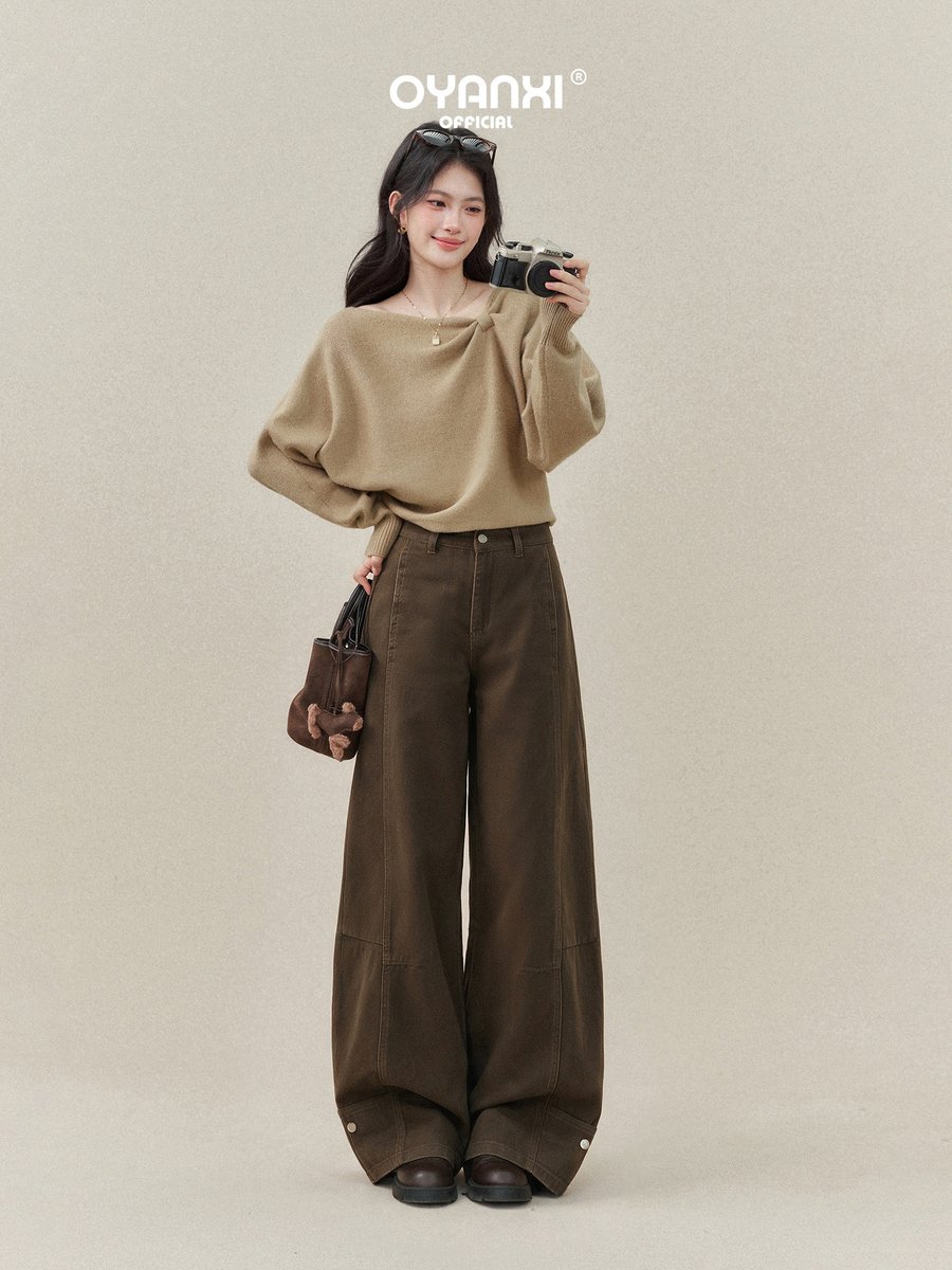 OYANXI レトロ モカブラウン カーブシルエット ワイドデニムパンツ