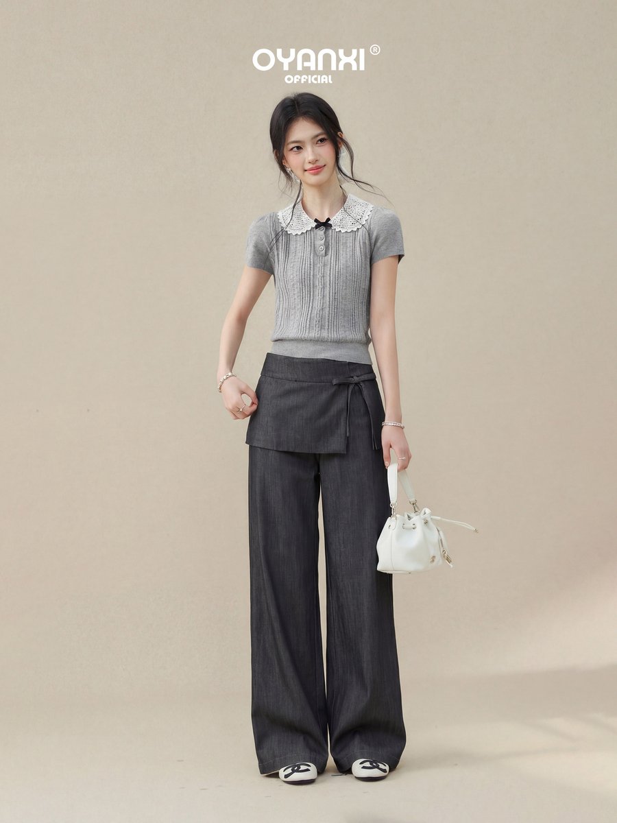 OYANXI エプロン風 フェイクレイヤード ワイドパンツ