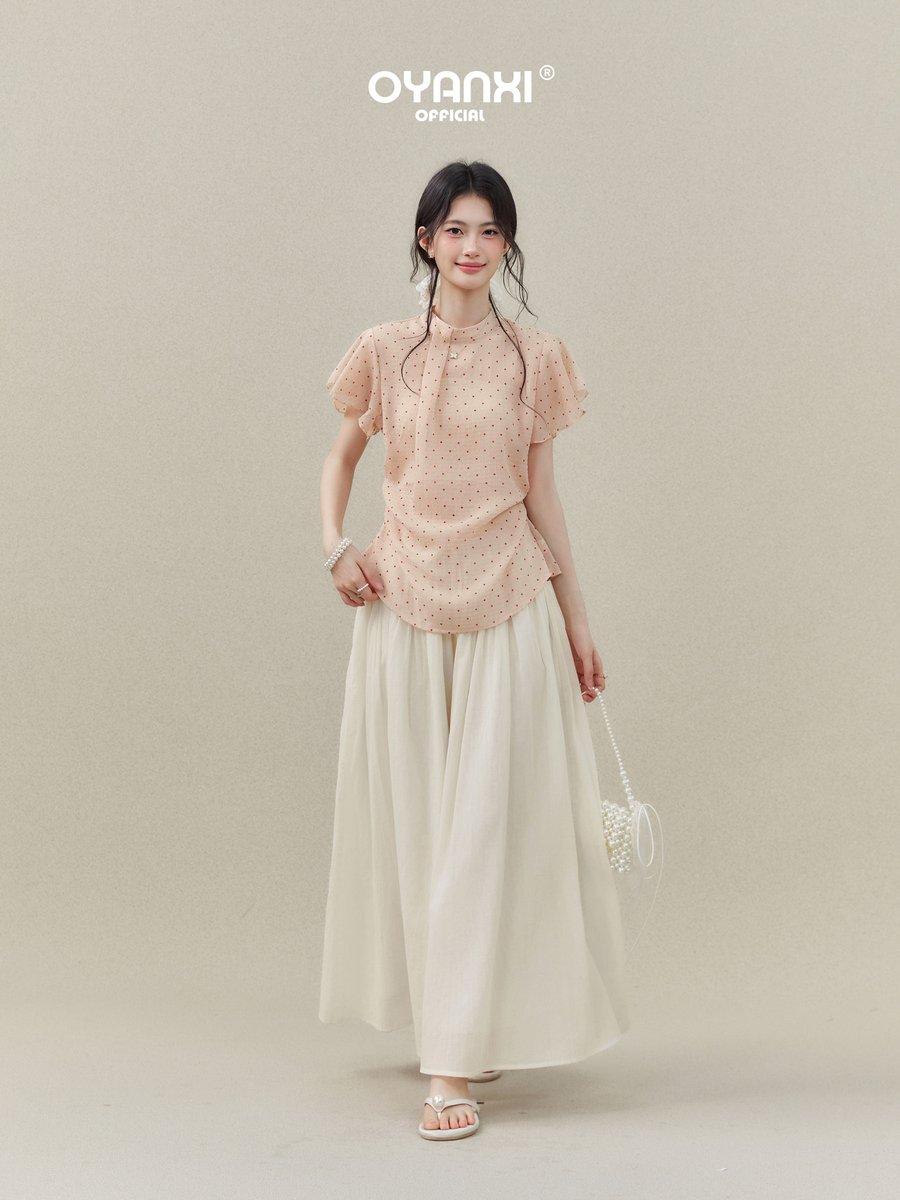 OYANXI ドット柄 フリルスリーブ 半袖シャツブラウス