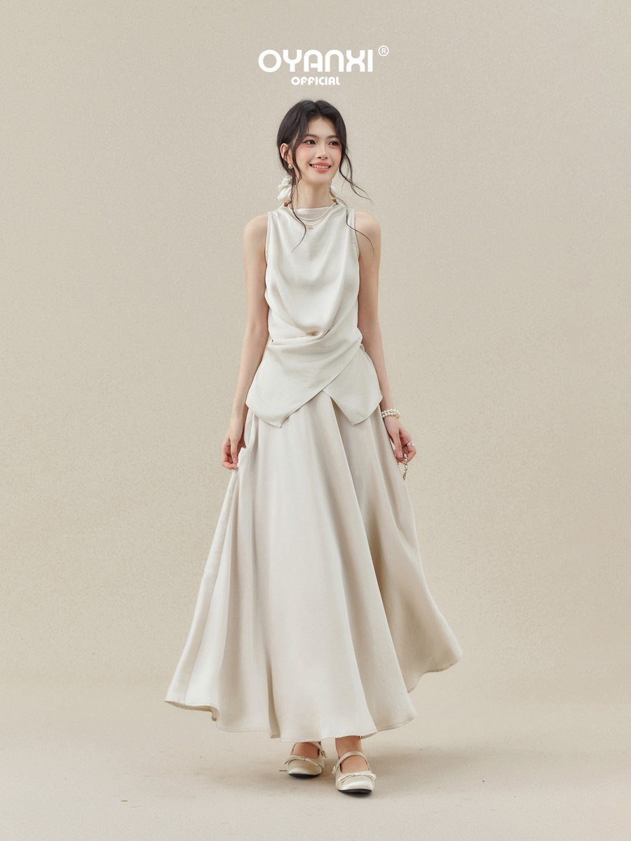 OYANXI ホルターネック ノースリーブトップス＆ドレープスカート セットアップ