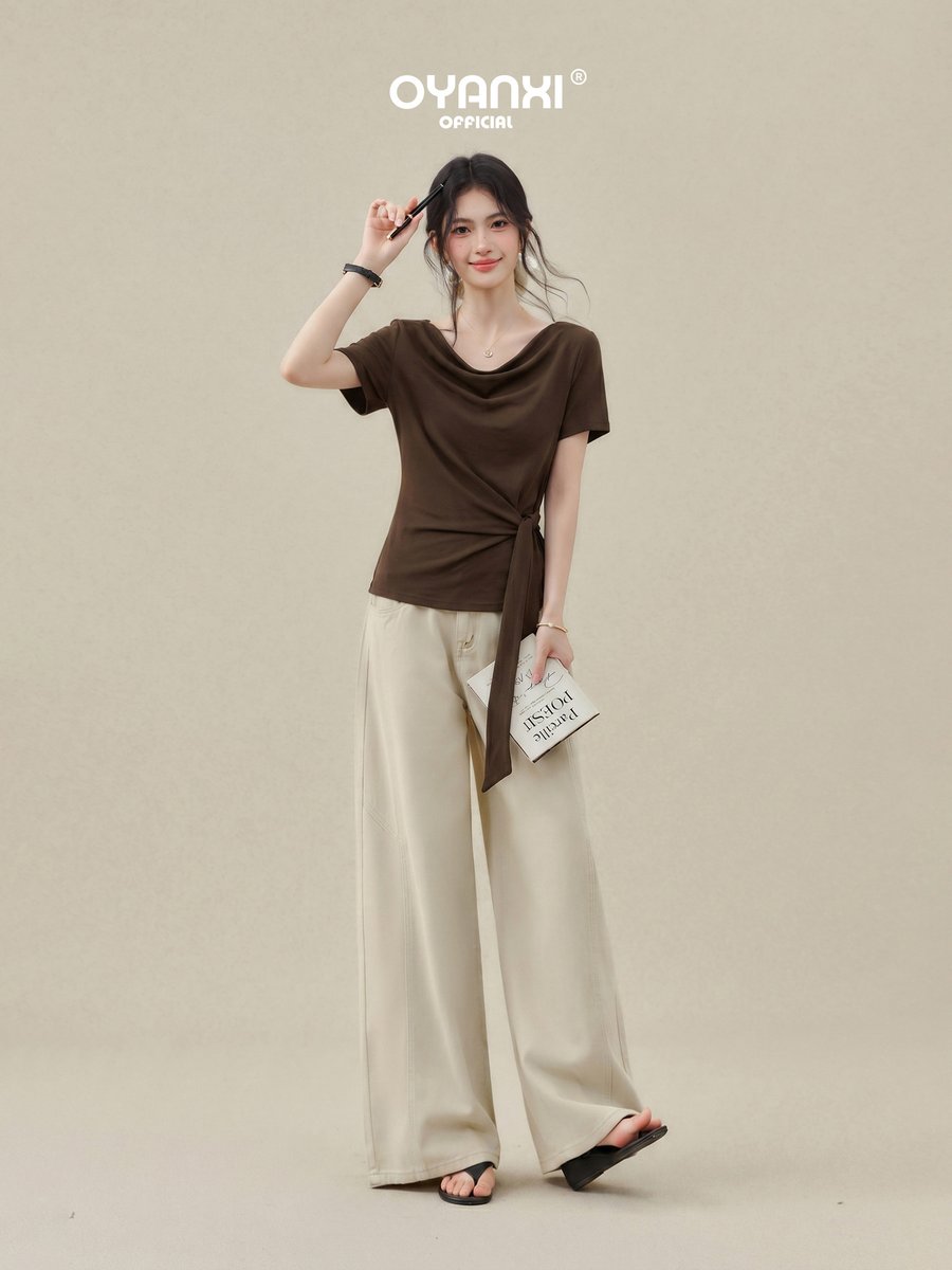 OYANXI ドレープネック フロントリボン 半袖Tシャツ