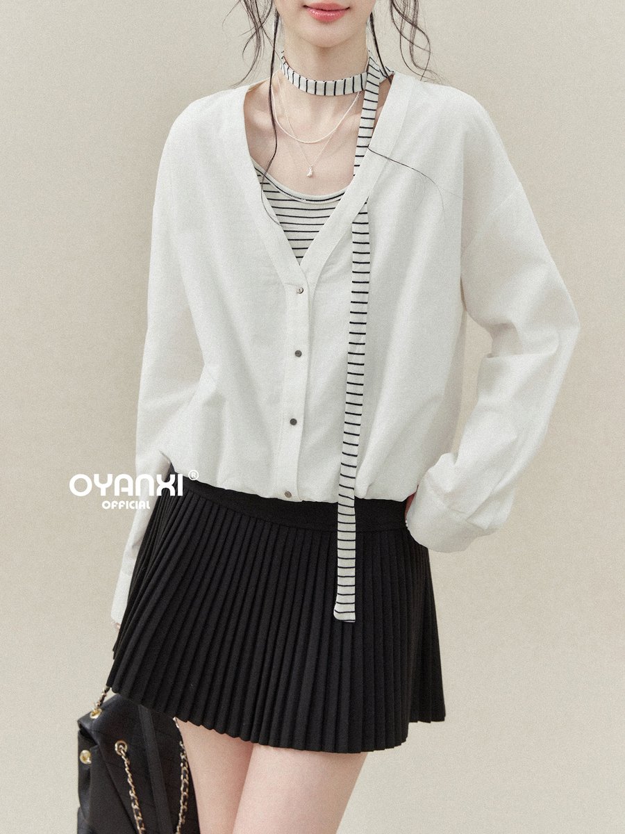 OYANXI ストライプ切り替え フェイクレイヤード Vネックシャツ