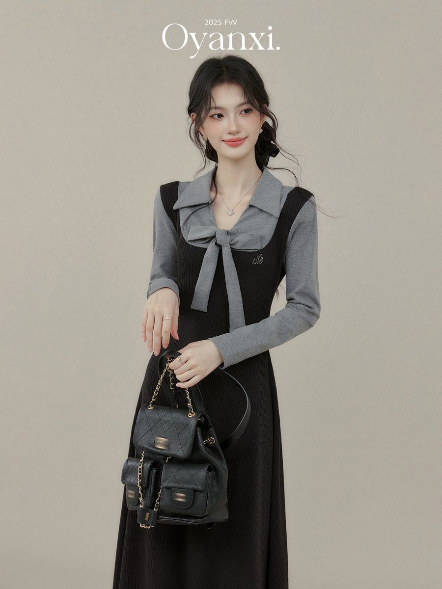 OYANXI プレッピー 切り替え ウエストシェイプ ロングワンピース