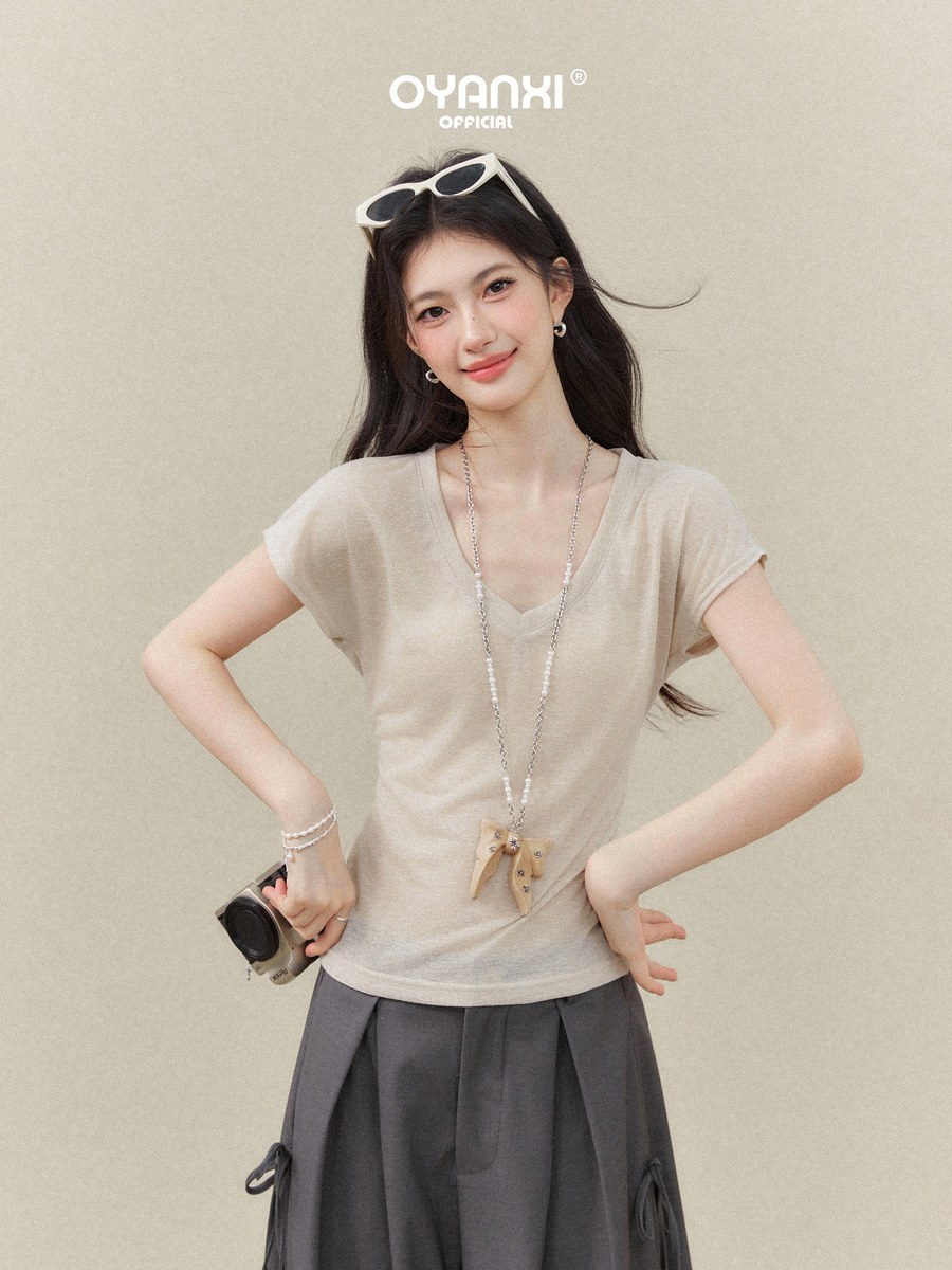 OYANXI Vネック ウエストシェイプ 半袖Tシャツ