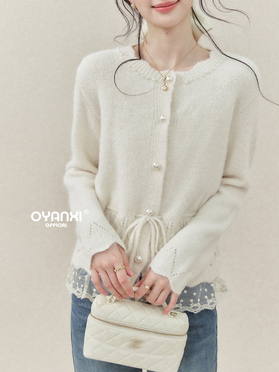 OYANXI パールボタン ドロストウエスト レース切り替え ニット