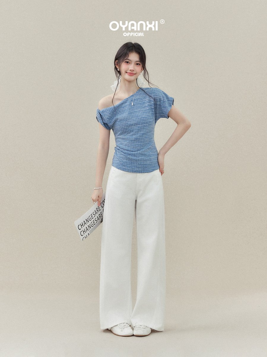 OYANXI ドット柄 アシンメトリー ワンショルダー 半袖Tシャツ