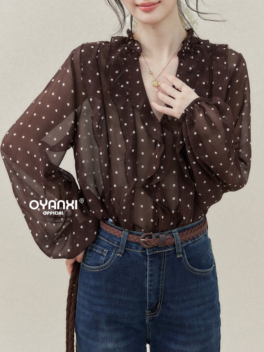 OYANXI ドット柄 フリル バルーンスリーブ ブラウス