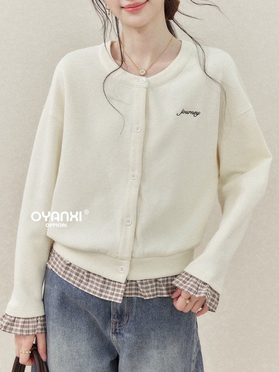 OYANXI チェック裾 フェイクレイヤード クルーネック スウェット