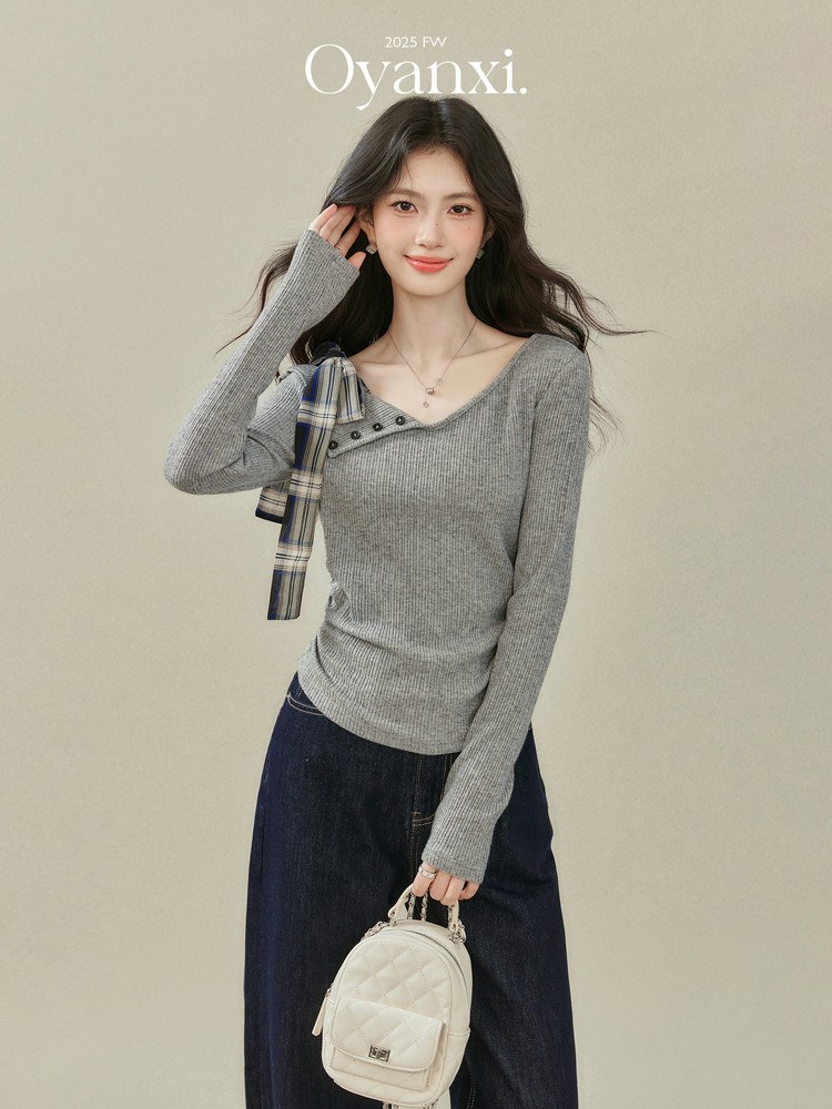 OYANXI リボン アシンメトリーネック ニット長袖Tシャツ