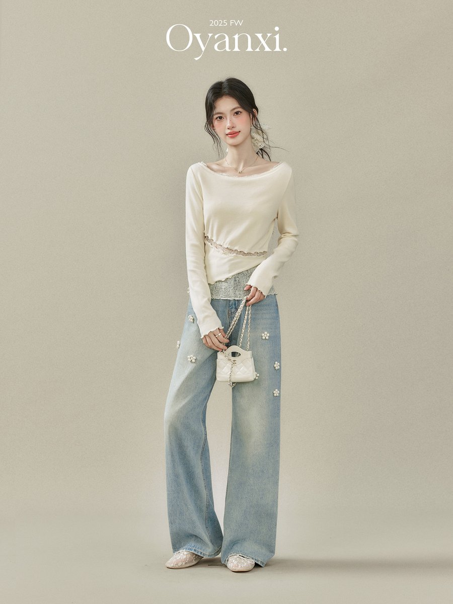 OYANXI オフショルダー レース切り替え ニット長袖Tシャツ