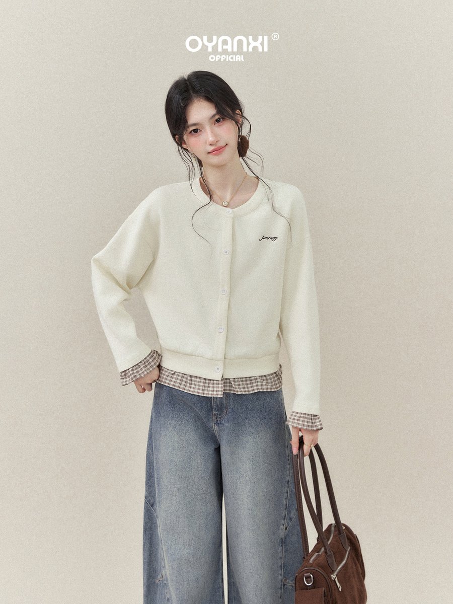 OYANXI チェック裾 フェイクレイヤード クルーネック スウェット