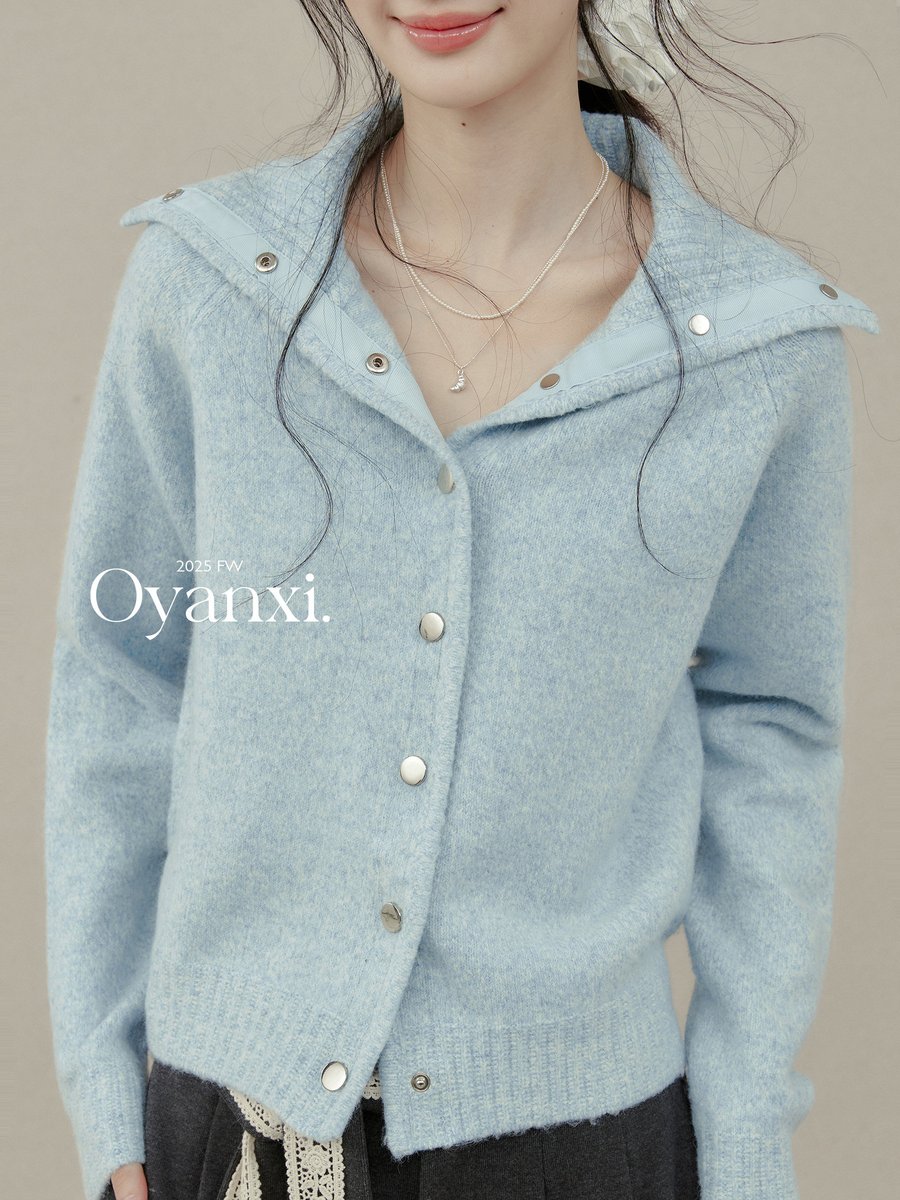 OYANXI 襟付き ブルー ニットカーディガン