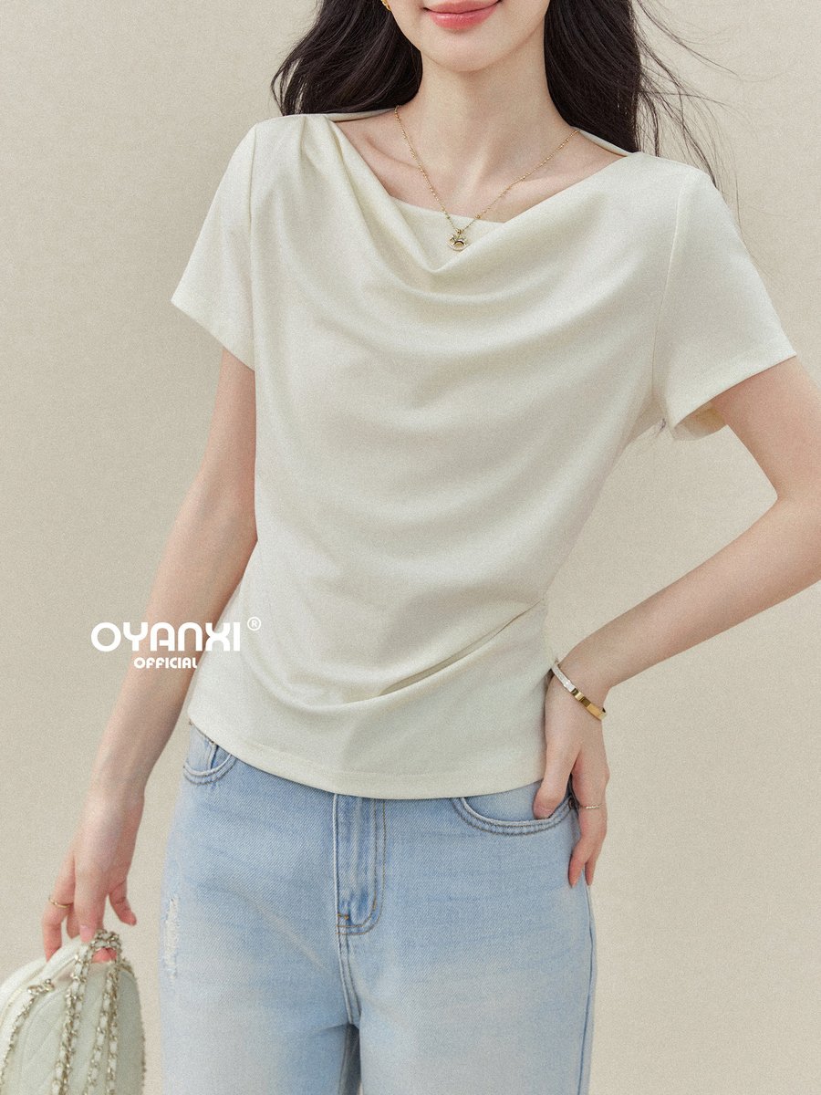 OYANXI シンプル ドレープネック スリム 半袖Tシャツ
