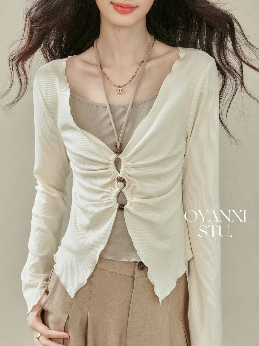 OYANXI フリル フェイクレイヤード フレアスリーブ Tシャツ