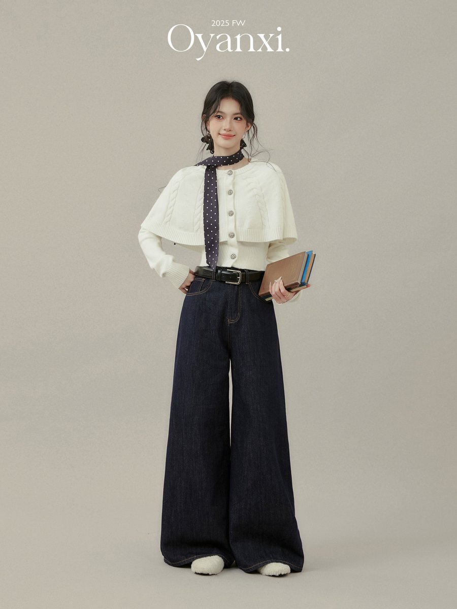 OYANXI ケープ付き フェイクレイヤード ニットカーディガン