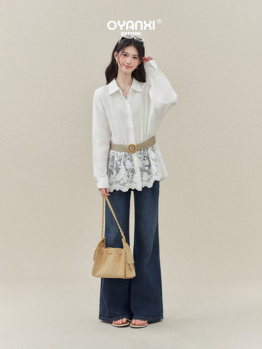 OYANXI ベルト付き アシンメトリーレースヘム シャツ
