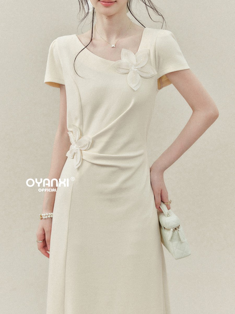 OYANXI 立体フラワー クルーネック 半袖ワンピース