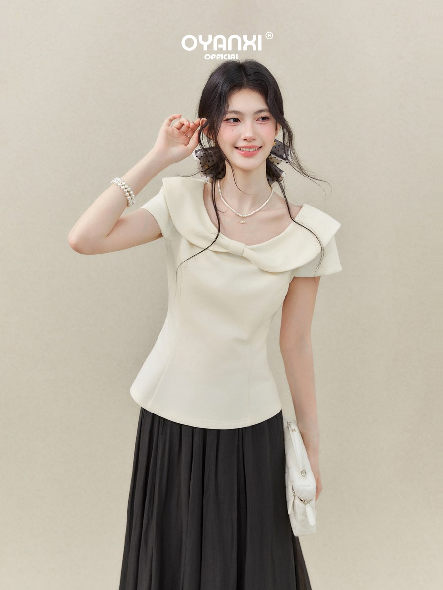 OYANXI 丸襟 リボン フリルスリーブ 半袖Tシャツ