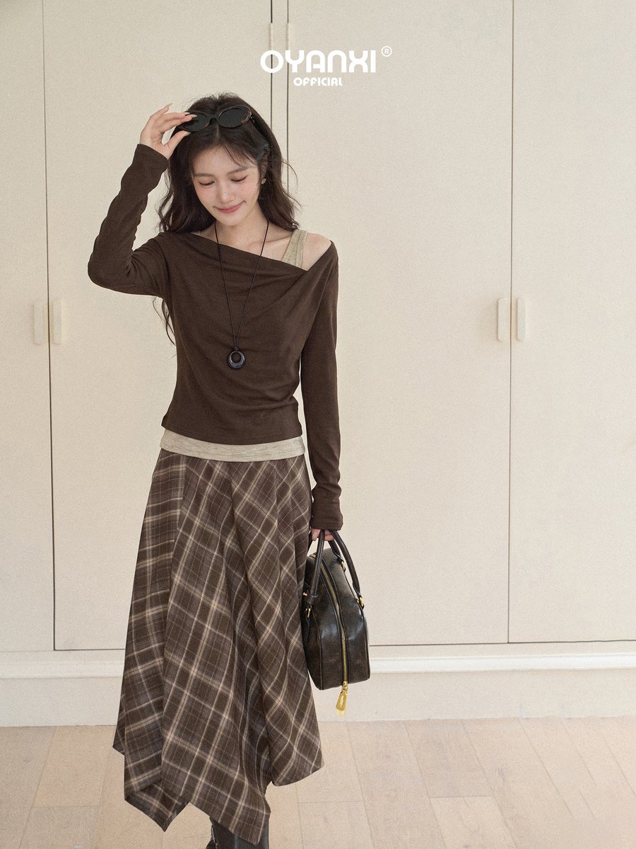 OYANXI フェイクレイヤード アシンメトリーショルダー 長袖Tシャツ
