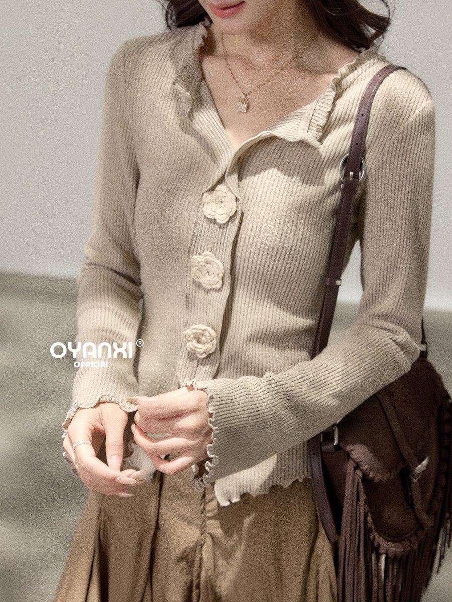 OYANXI フラワーボタン 切り替え フリル袖 長袖Tシャツ