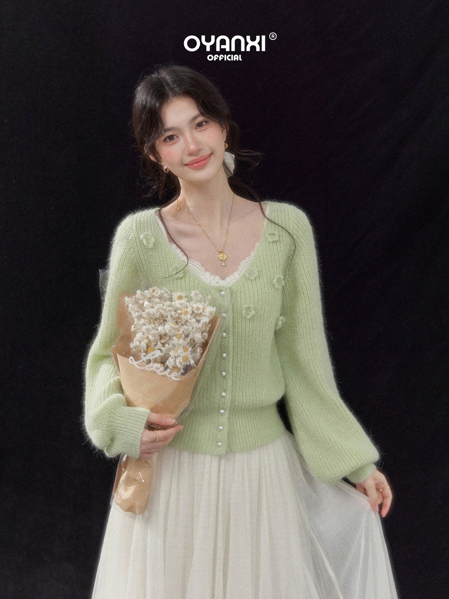 OYANXI 立体フラワー Vネック フレアスリーブ ニットカーディガン